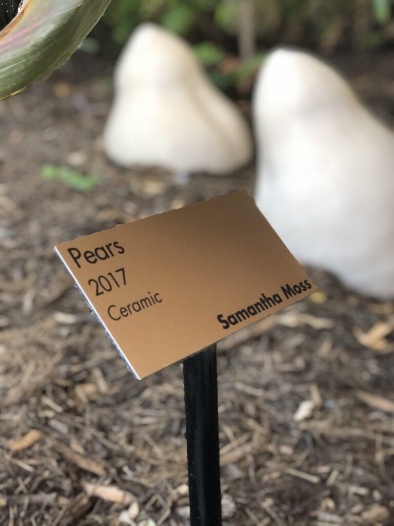 brass botanic label on black stake